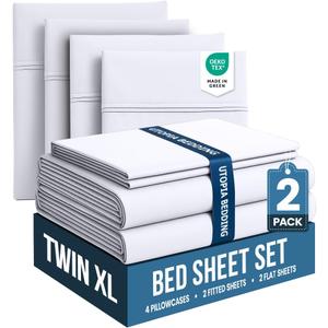 2 Pack Twin XL Sheet Set, 4 Pieces, Hotel Luxury Bedsheet 16" Deep, White | Extra Soft Bedsheet Set, Comfy & Breathable Cooling Sheets, 2 Fitted Sheet, 2 Flat Sheet, 2 Pillowcases