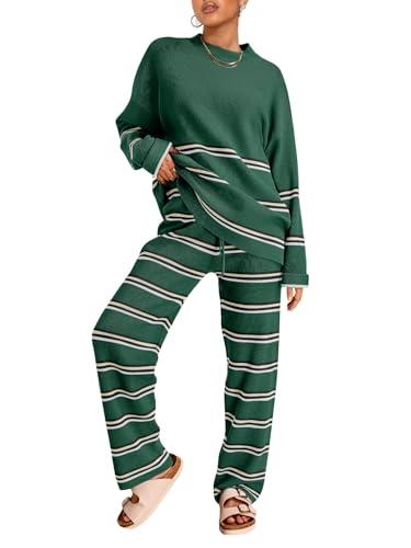 LILLUSORY 2 Piece Sets for Women 2025 Fall Outfits Two Piece Lounge Sets Sweatsuits Striped Knit Sweater Clothes Fashion StripesGreen Large