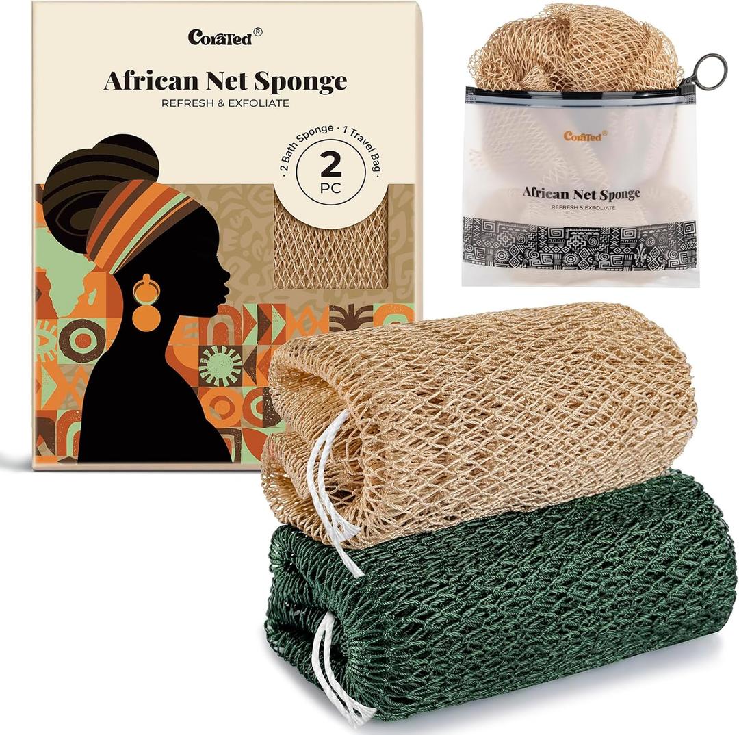 CORATED African Net Sponge Authentic, Shower Loofah Exfoliating Bath Net Sponge with Knots, Body Scrubber for Women and Men Daily Use Body Care, Travel Portable Bath Accessories for Bathroom (Linen & Dark Green)