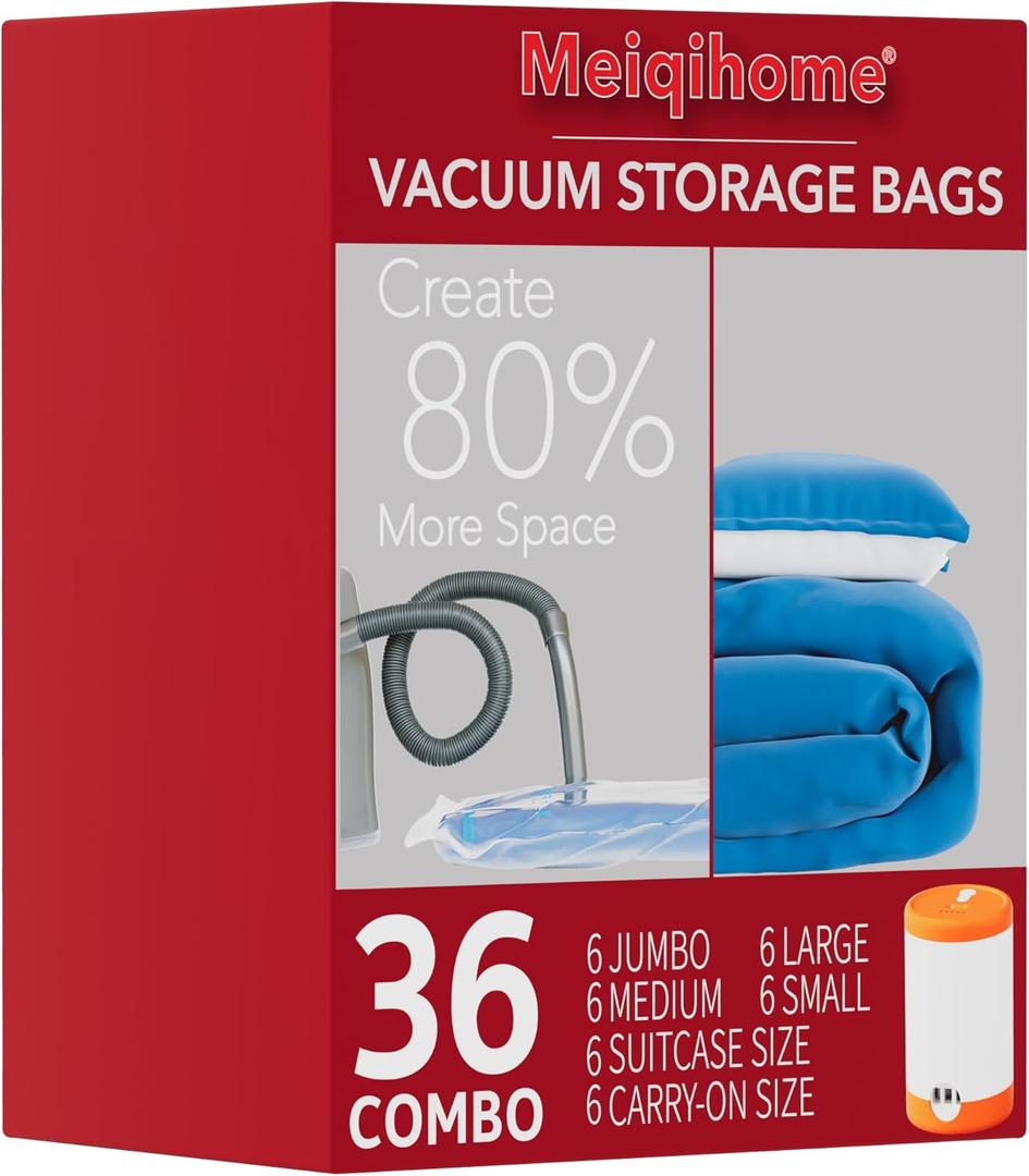 36 Pack Vacuum Storage Bags with Electric Pump, Vacuum Seal Bags for Clothing, Pillows, Blanket, Bedding, Comforters,Includes 6 Jumbo,6 Large,6 Medium,6 Small,6 Travel bags and 6 small Travel bags