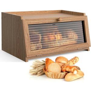 Bread Box for Kitchen Countertop Large Bread Box Farmhouse Bread Container Bread Storage with Window Bread Holder (Natural Wood)
