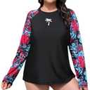 Halcurt Womens Plus Size Long Sleeve Rash Guard Swim Top with Built in Bra Loose Fit UPF50+ Sun Protection Swimsuit Black Red Paisley 2X