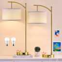 Hikczc Table Lamp for Living Room Bedroom, 23.5" Table Lamps Set of 2 with USB C+A Ports, Bedside Lamps for Nightstand with Linen Lamp Shades, 2 Dimmable LED Bulbs Included, Gold