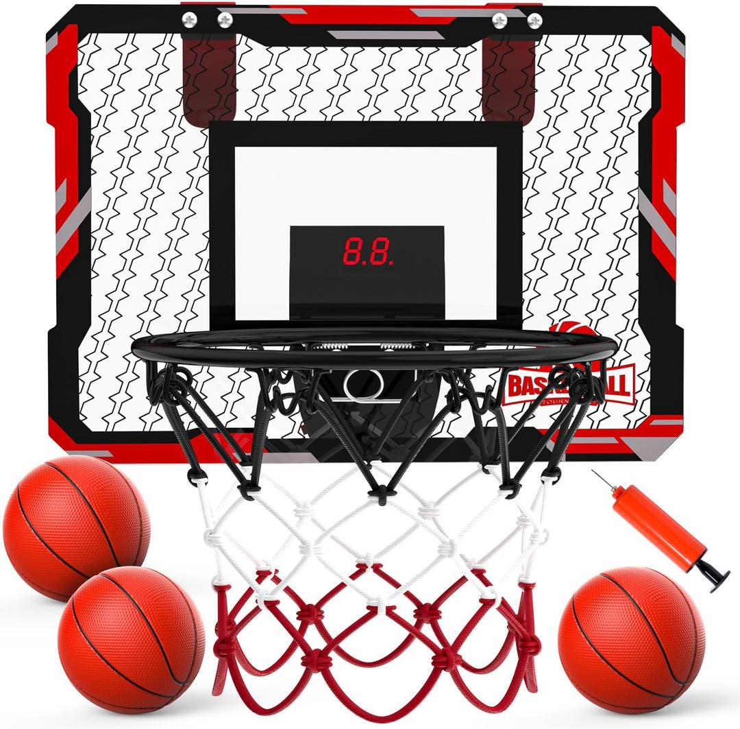 EagleStone Electronic Scoring Mini Basketball Hoop for Door, Foldable Dunk Rim Indoor Basketball Game with Silent & Countdown Modes, 3 Balls & Pump,Sports Toy Gift for Kids Adults