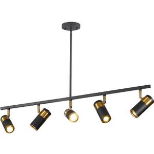 5 Light Modern Track Light Chandelier Industrial LED Hanging Track Lighting Kit Farmhouse Black and Gold Kitchen Track Lighting Fixtures Adjustable Ceiling Mount Linear Spotlights MCL05-5P BK