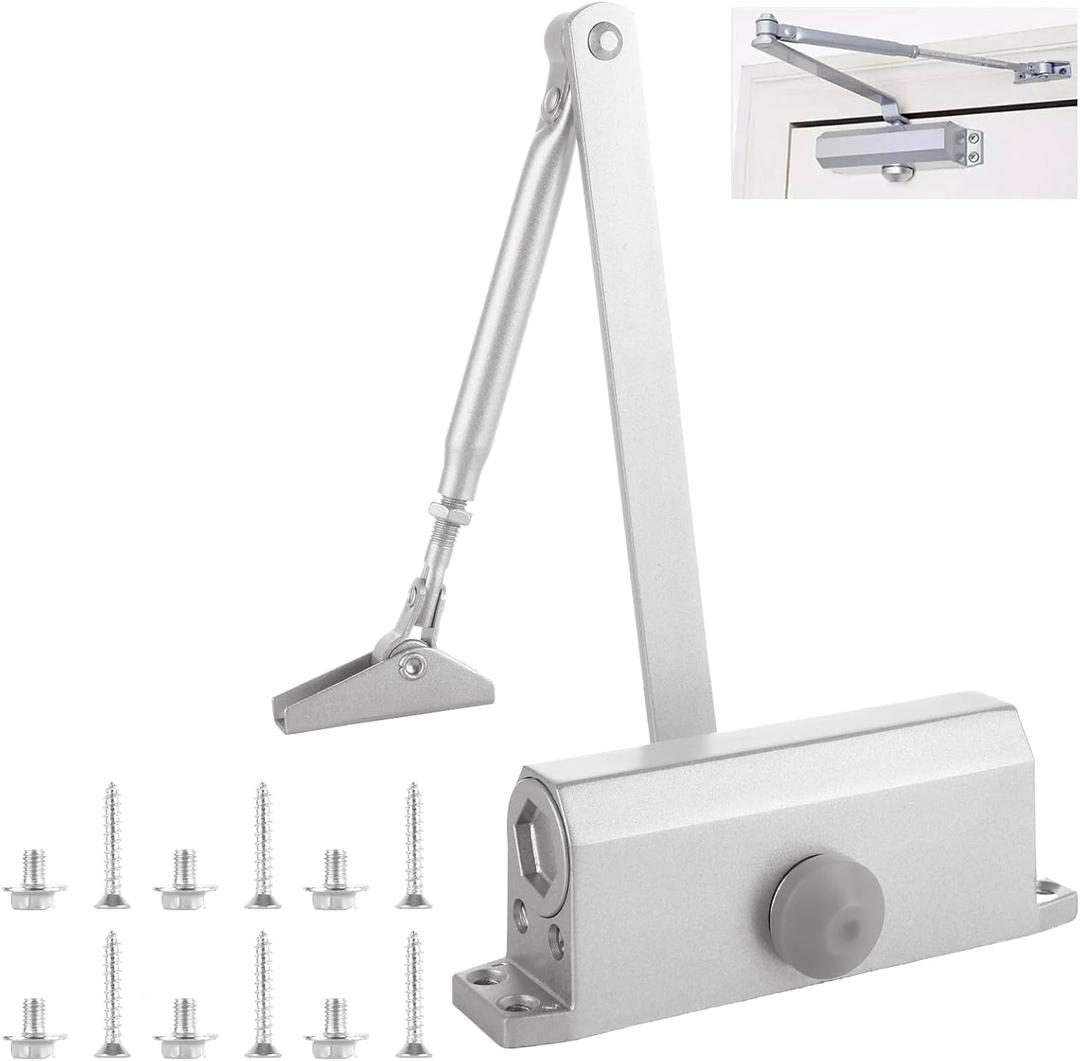 Automatic Door Closer for Home Adjustable Spring Hydraulic Door Closer Aluminum Finish Automatic Door Closing Commercial & Home Use for 45KG Middle-Weight Door (180 Degree Positioning)