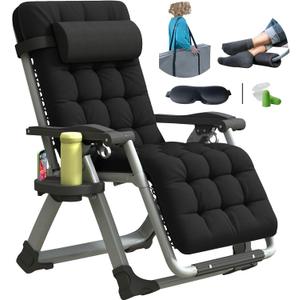 Oversized Zero Gravity Chair, XL Lounge Chair 30 Width, Padded Recliner Chair W/Removable Cushion & Adj Headrest, Storage Bag, Footrest Cushion, Cup Holder, for Indoor Outdoor, Black