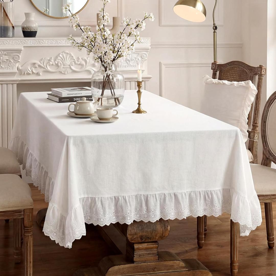 LemonRoad Vintage White Ruffle Tablecloth Retro Farmhouse Ruffled Cotton Tablecloth Rustic Embroidered Washable Table Cover for Rectangle Table Kitchen Holiday Party Wedding Decor(52" x 70")
