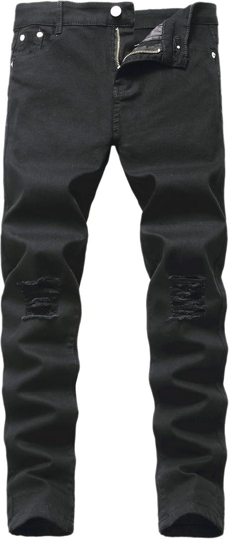 Kihatwin Big Boy's Casual Skinny Ripped Jeans Slim Fit Distressed Zipper Pants with Holes, Black Ripped, 12 Slim