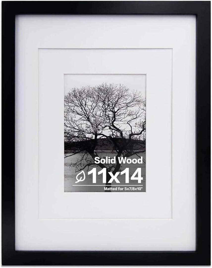 Egofine 11x14 Picture Frame Black - Photo Frame Made of Solid Wood Covered by Plexiglass for Table Top Display Pictures 5x7/8x10 with Mat or 11x14 Without Mat with Wall Mounting Hardware