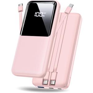 CFIAI Portable Charger Power Bank - 20000mAh Fast Charging Portable Battery Pack with Built in USB-C(22.5W) and iOS(20W) Output Cables Compatible with iPhone Android Samsung Phone etc (1 Pack, Pink)