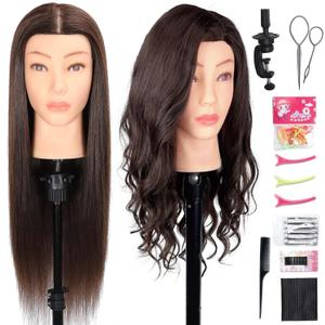 Mannequin Head Human Hair, 80% Real Hair Cosmetology Manikin Head for Practice Braiding Hairstyling Cutting with Free Clamp Holder and Tools (Dark Brown)