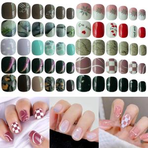 LoveOurHome 240pc Short Square Press on Nails Glossy Mixed Colored Stars Heart Marble Flower Cloud Design Round Fake Nails Kit Full Cover Artificial Fingernails 12 Sizes for Women Girls Kids