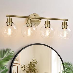 2024 Upgrade 3-Light Bathroom Light Fixtures, Brushed Brass Bathroom Lights Over Mirror with Clear Glass Globe Shade, Vanity Lights for Bathroom Kitchen Living Room Hallway Cabinet Bedroom Porch