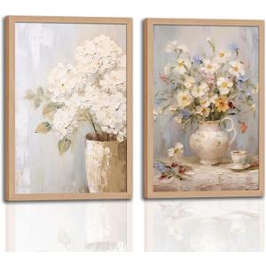 2Pcs Framed Vintage Canvas Wall Art, White Hydrangea Floral daisy Wall Decor Paintings, Flower Pictures Prints Aesthetic Home Decor for Living Room Bedroom Bathroom Office 16x24 inch Ready to Hang
