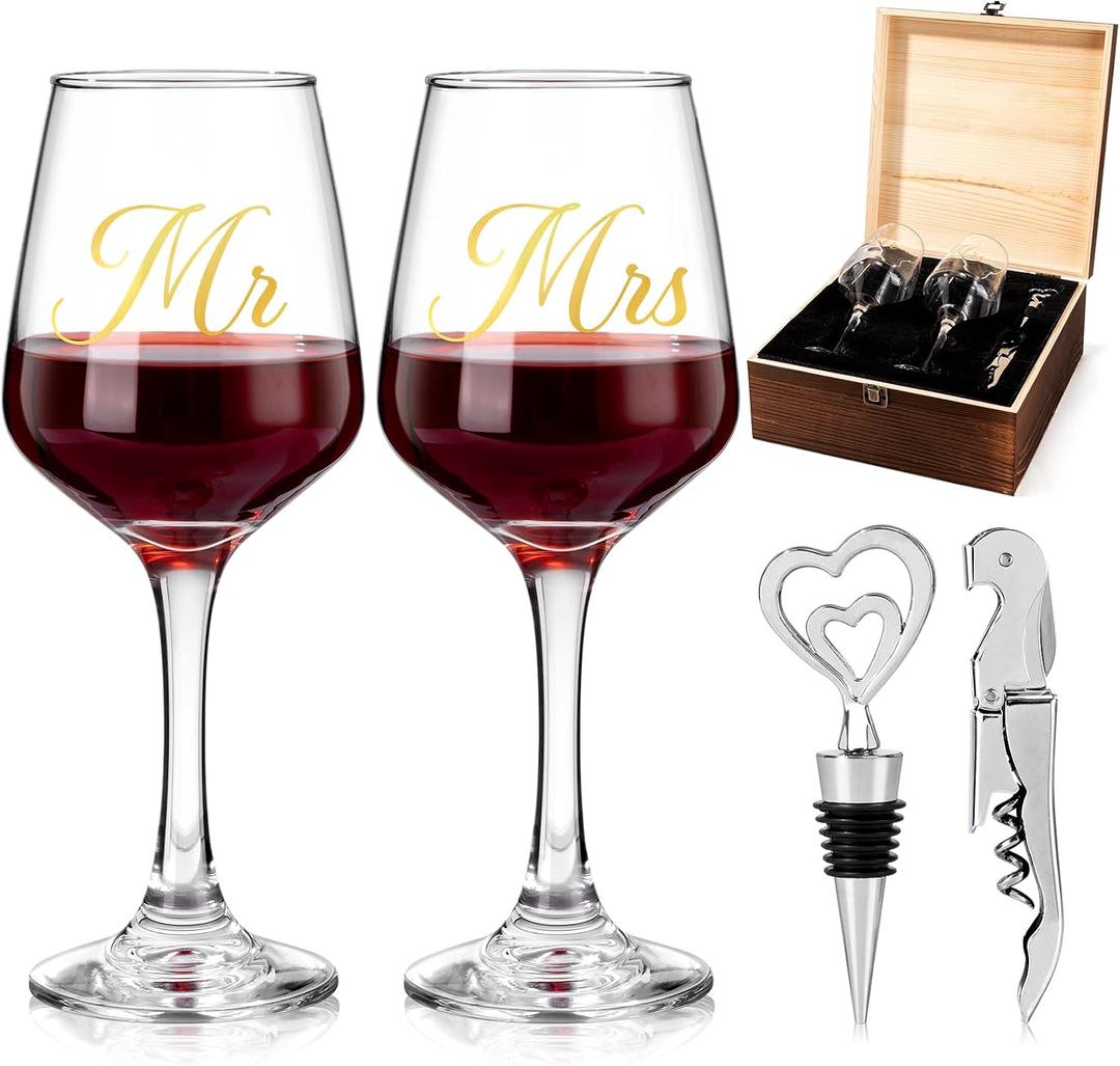 Mr and Mrs Wine Glasses, Wedding Gifts for Couples, Engagement Gift for Newlyweds, Bridal Shower Gift, Anniversary Wine Glass Wine Opener Stopper with Engraved Wooden Keepsake Box for Bride and Groom, Mr and Mrs Wine Wine Glasses Set incomplete set