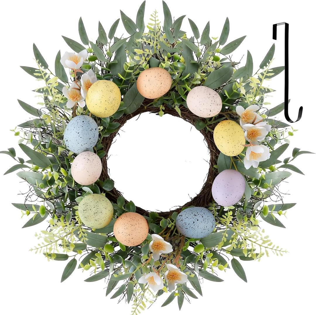 24 Inch Easter Wreath Spring Wreath Artificial Flower Wreath with Colorful Eggs Eucalyptus Leaves Hanger for Front Door Easter Summer Farmhouse Holiday Wall Home Window Decor