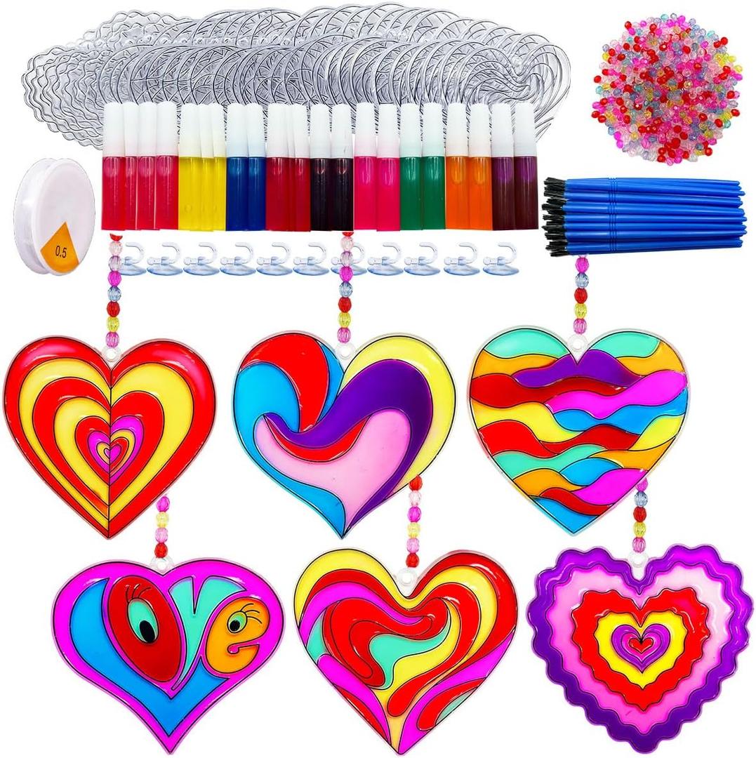 AUEKIV Valentines Suncatcher Crafts Kit 30 Sets Heart Suncatchers Window Art Paint Sun Catcher DIY Craft Kits Heart for Valentine's Day Classroom Activities Party Gift Exchange