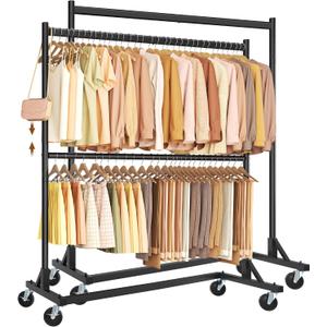 Hoctieon Double Rod Z Rack,Rolling Clothes Racks with Z-Base, Adjustable Clothing Rack, Standing Clothes Rack, Metal Clothing Racks for Hanging Clothes, Portable Garment Rack,Set of 2,Black