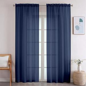 OWENIE Crushed Voile Navy Sheer Curtains 96 Inches Long 2 Panles Set for Living Room/Bedroom, Rod Pocket Elegant Crinkled Light Filtering Semi Sheer Drapes, 2 Pieces Total 84" Wide