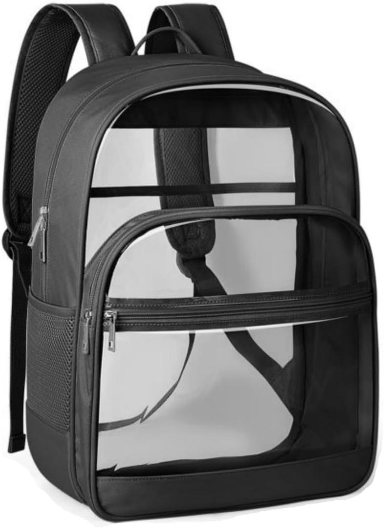 KIMNERPU Clear Backpack, Heavy Duty Transparent Bookbag for School, Fabric & PVC Transparent Backpack with Reinforced Strap for Women Men, Capacity Clear Bag for College, Travel, Security, Black (Large)