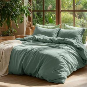 Bedsure 100% Washed Cotton Duvet Cover King Size - Olive Green Minimalist Cotton Duvet Cover Linen Like for All Seasons - GentleSoft™ Plain Simple Bedding (WHITE, King, 104"x90")