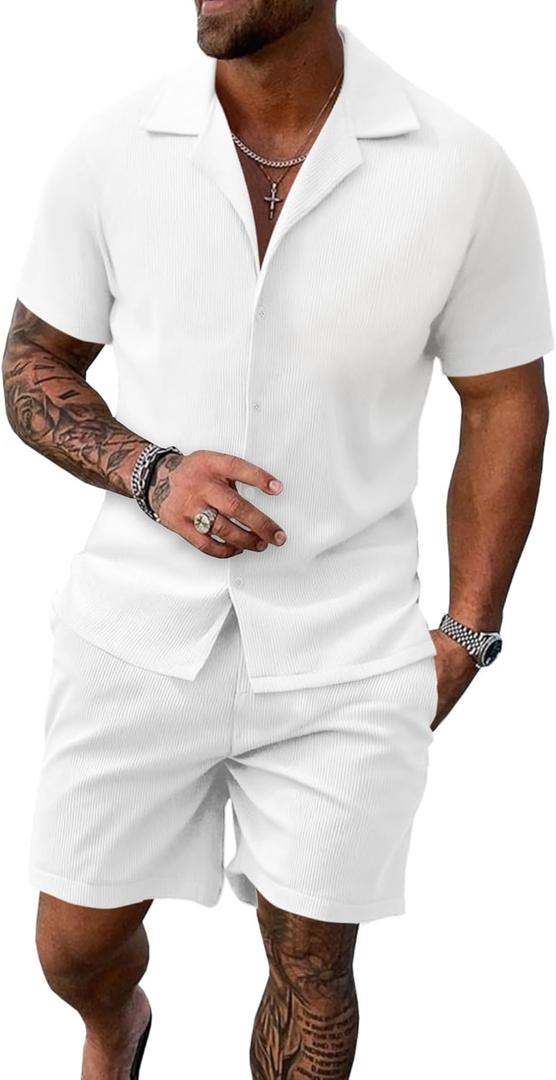 UOUA 2 Piece Short Sets for Men Summer Beach Outfits Stripe Texture Button Down Shirts & Shorts Casual Vacation Set (Large, White)