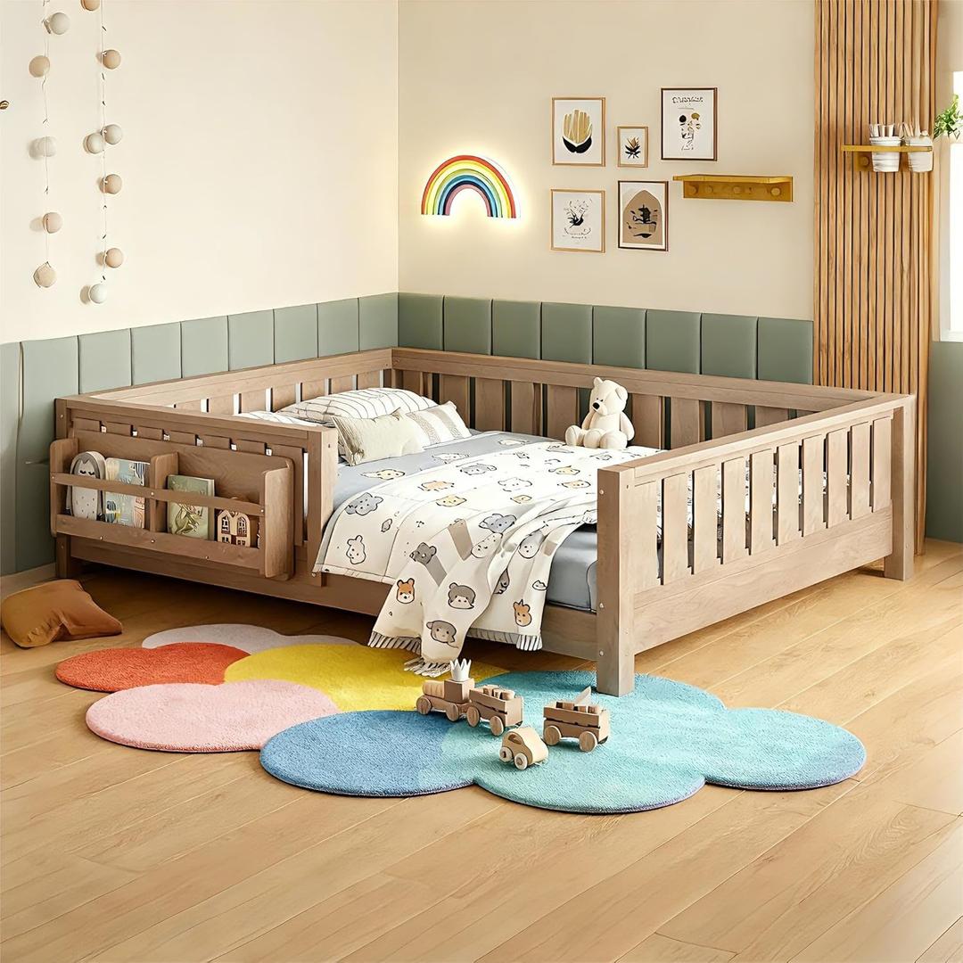 Bellemave Full Size Floor Bed Frame with Fence & Bookshelf, Solid Pinewood Montessori Floor Bed Full with Slats Load 450LBS, Low Profile Floor Bed for Kids, Bedroom, Nursery, Easy Assembly, Oak Brown