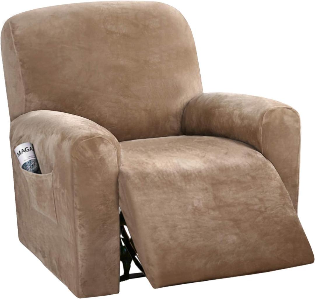 H.VERSAILTEX Velvet Stretch Recliner Couch Covers 4-Pieces Style Recliner Chair Covers Recliner Cover for Reclining Chair Slipcovers Feature Non Slip Form Fitted Thick Soft Washable, Camel