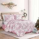 Wonderful 100% Cotton Pink Floral Quilt Set Twin Size Bedding Sets with Pillow Sham and Bed Skirt, 3 Pieces Floral Bedspread Coverlet Set, Quilted Blanket Bed Cover for All Season, 66"x86"