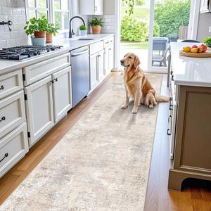 3x12 ft Washable Hallway Runner Rug - Long Non Slip Low Pile Thin Carpet Runners, Modern Abstract Neutral, Stain Resistant for Kitchen, Entryway, Bathroom Beige Grey,3x12