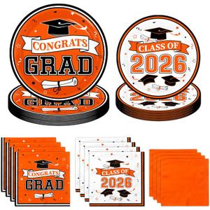 Orange Graduation Plates and Napkins Class of 2026 Grad Congrats Party Supplies Disposable Paper Plates Napkins for 2026 Graduation Party Decorations, Serve 50