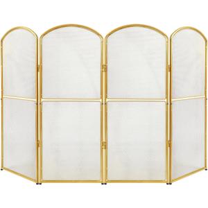 4-Panel Gold Fireplace Screen,47.8" W x 31" H,Foldable Fire Spark Guard with Wrought Metal Mesh,Modern Decorative Fire Place Gate for Living Room,Baby and Pet Proof,Home Decor,Easy Assembly