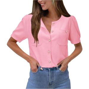 Newshows Womens Summer Cardigan Sweaters Lightweight Short Sleeve Button Down Shirts Ribbed Knit Blouse Tops 2024 Trendy (Pink, S)