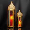 TRIROCKS Set of 2 Moroccan Candle Lanterns 22.5''&15'' H Decorative Candle Holder Hanging Lanterns with Embossed Colored Tempered Glass Ramadan Decorations for Home Outdoor Indoor Patio Weddings(Gold)