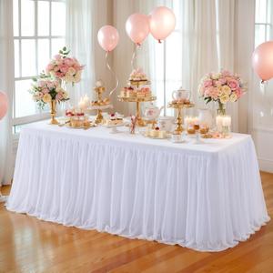 Wish Care White Tulle Tablecloth for 6 Foot Rectangle Tables Stretch Ruffle Table Cloths Tutu Desk Skirt 6ft Wrinkle Free Spandex Fitted Table Cover for Birthday Wedding Party Banquet Decorations