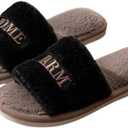Fuzzy Open Toe Slippers for Women Indoor Cozy Slip On House Slides Shoes Gifts for Womens Her Mom House Shoes Indoor Outdoor Lightweight Couples Slippers Elderly Seniors NonSlip Sole Autumn Spring Bedroom Shoes Warm Simple Minimalist,Black and Gray (Black, M)