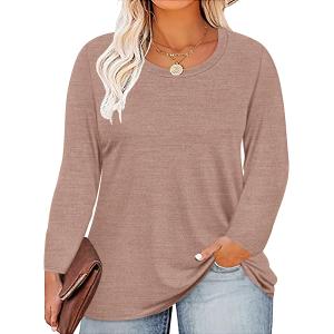 RITERA Plus Size Tops for Women Long Sleeve Basic Tshirts Womens Casual Oversized Crewneck Tunic Tops Solid Color Khaki Shirts Winter Fall Blouse 5XL 26W 28W (Beige, XXXL)