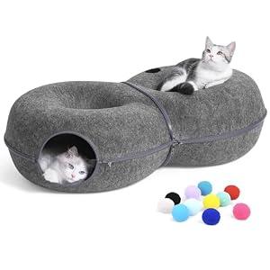 LovIntry 8-Shaped Large Cat Tunnel Bed for Indoor Cats, Infinite Circulation Peekaboo Cat Cave with 12 Toy Balls, Cat Donut Tunnel for Cats up to 30 Pounds (Dark Grey, L 38x24x11in)