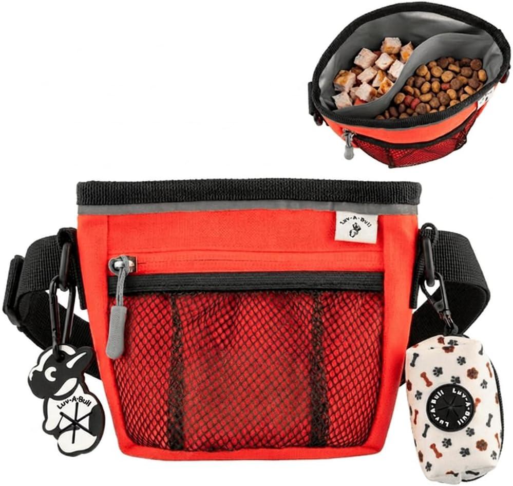 Dog Training Treat Pouch, Training + Walk Kit, Easy Clean Seperate Treat Storage, 3/4 Cup Each Side, Crossbody, Clip On, Waist, Magnetic, Poop Bag & Waste Clip, Hands Free- Flour. Orange Small 5x5