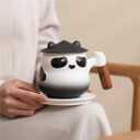 Chinese Panda Porcelain Tea Cup with Infuser Lid and Saucer Tea Mugs Wooden Handle 11oz, Ceramics ffee Mug Teacup Loose Leaf Tea Brewing Syem for Home Office