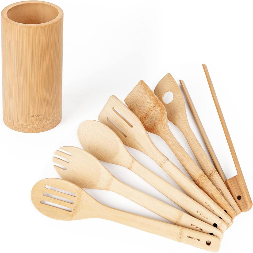 Naturoom Kitchen Utensils Set of 5 PCS, 12Inches Bamboo Wooden Cooking Spoon & Spatula Tools Perfect for Non-Stick Cookware (Bamboo 12inches)
