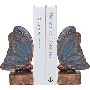 Vintage Blue Butterfly Bookends,Resin Book Ends for Shelves,Heavy Duty Decorative Bookends,Creative Book Stopper Holder Decor for Desk Home Office,Shelf Decoration,Gifts for Mother's Day