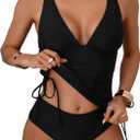 SweatyRocks Women's 2 Piece Bathing Suit Tankinis Deep V Neck Drawstring Side Swimsuit Tankini Set (Large, Black)