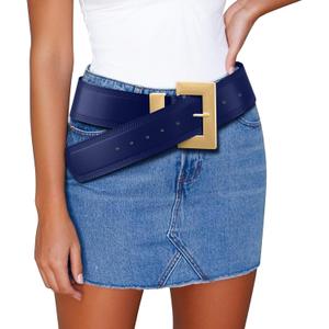 Chunky Western Belts for Woman, Boho Leather Belt with Big Buckle, Cowgirl Hip Fashion Accessory for Dresses (Blue)  L: Fit Waist Size 35"-40"