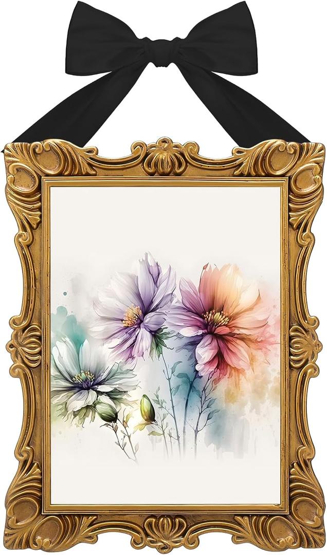 Leinuosen 5 x 7 Inch Resin Vintage Gold Bow Picture Frame Antique Gold Picture Frame Wall Mount Textured Rectangle Photo Holder Decorative Wall Hanging for Valentines Gift Home Office Decor(Black)