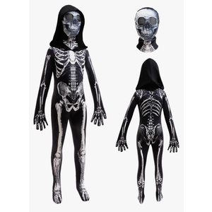 Halloween Skeleton Costume for Kids Black and White Scary Skeleton Jumpsuit Onesie Dress up with Hood and Mask 2-10Years