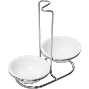 MyGift Set of 2 Ceramic Spoon Rest, Upright Ladle Holder Ceramic Dish with Silver Stainless Steel Rack (Double)