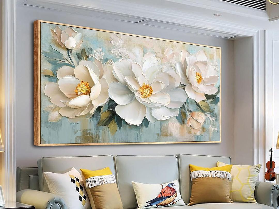Enartly Extra White Flowers Framed Wall Art for Living Room, 3D Textured Floral Canvas Painting Sage Florals Picture Artwork for Bedroom Dining Room Kitchen Home Office Wall Decor, 58"x29"