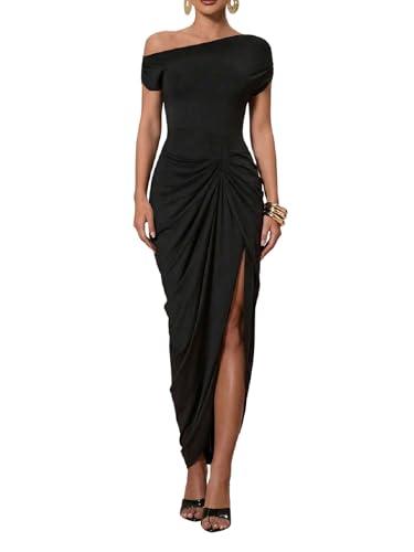 Floerns Women's Elegant Long Dress Asymmetrical Off Shoulder Ruched Slit Bodycon Cocktail Dresses Black Medium